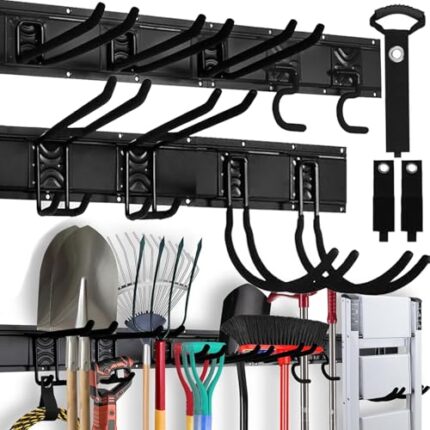 64" Heavy Duty Garage Storage Tool Organizer Wall Mount - Tool Rack with Adjustable Hooks, Anti-Rust, 300lbs Capacity - Easy Installation (4 Racks, 10 Hooks, 3 Straps)