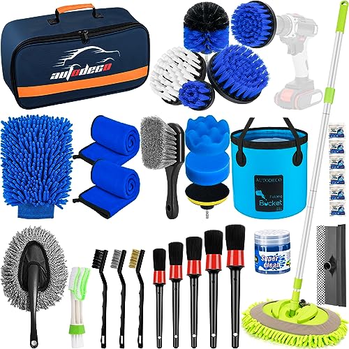 AUTODECO 32Pcs Car Detailing Brush Set, Car Detailing Kit, Auto AUTODECO 32Pcs Car Detailing Brush Set, Car Detailing Kit, Auto Detailing Drill Brush Set, Car Detailing Brushes, Car Wash Cleaning Tools Kit with Wash Mop for Interior, Exterior, Wheels, Blue
