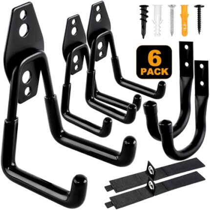 REMIAWY Garage Hooks Heavy Duty, Steel Utility Garage Storage Hook 6 Pack, Wall Mount Double Tool Hangers with Anti-Slip Coating for Hanging and Organizing Ladder Bike, Garden Tools, Bulk Items