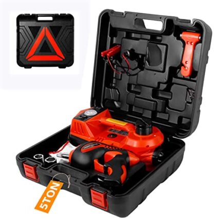 TYAYT Electric Car Jack Kit, 5 Ton Hydraulic Car Jack with Electric Impact Wrench and Inflator Pump, 12V Portable Car Jack with LED Light for SUV MPV Sedan, Lifting Range 6 to 17.7 Inch (Red)