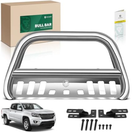 YHTAUTO 3" Bull Bar Push Bar with Skid Plate Light Mount Fit Chevy & GMC Models, Colorado/Canyon 2015-2022(Excl. ZR2 Model), S/S 304 Brush Guard for Truck Front Bumper Off Road Accessories
