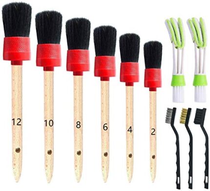 Nurkul 11Pcs Auto Detailing Set, Boar Hair Brushes, Steel Wire & A/C Brushes, Red, Soft Bristles, Wood Handles for Cleaning Interior, Exterior, Leather, 6 Sizes