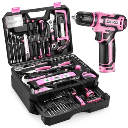 Pink Tool Kit Box Drill Set：DEKOPRO Home Mechanic Toolbox with 12V Power Cordless Drill Hand Repair Tools Sets Combo Kits Storage Organizer Drawer Case for Men & Women