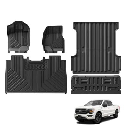 SMABEE Floor Mats & Truck Bed Mat & Tailgate Mat for Ford F-150 F150 2015-2024 SuperCrew Cab (Rear w/o Fold Flat Storage) 5.5FT TPE Floor Liners Cargo Liner Accessories,Black