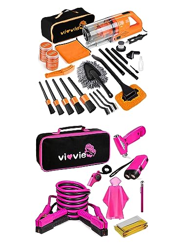 vioview 17Pcs Car Interior Detailing Kit,Car Cleaning Kit with High Power Car Vacuum Cleaner and 8pcs Roadside Pink Emergency Car Kit with Jumper Cables
