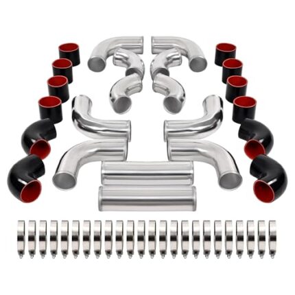 KUAFU 12 Pcs Universal 3" Aluminium Turbo Intercooler Piping & Silicone Coupler & Stainless Steel Clamp Kit Polished