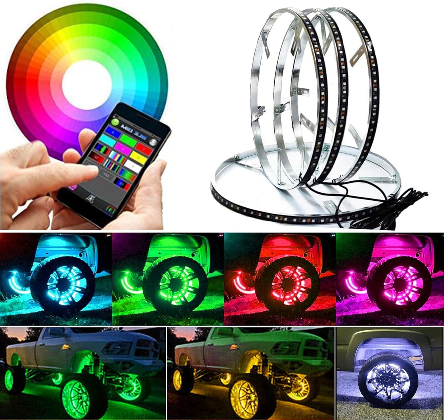 Light Up Our Ride: 4Pcs RGBW Wheel Ring Lights for Any Vehicle!