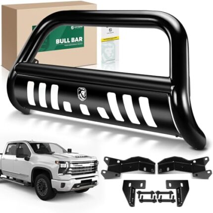 YHTAUTO 3" Bull Bar Push Bar with Skid Plate Light Mount Fit Chevrolet Models, Silverado 2500 HD 3500 HD 2020-2024, Alloy Steel Brush Guard for Truck Front Bumper Off Road Accessories