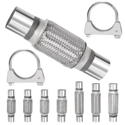Swpeet 3Pcs 2.2 x 6 Inches Exhaust Flex Pipe with 2.2 Inches Exhaust U Clamp Kit, Universal Type Stainless Steel Double Braid Portion Zinc Pipes Exhaust Flex Tube Ideal for Heavy Duty and Cars