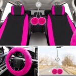 Fluffy Rose Red Black Car Seat Covers Set 17pc Universal Fit Women Soft Protector - Image 6