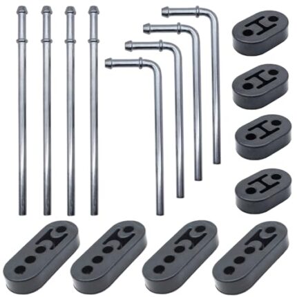 Ganluuree 16PCS Rubber Exhaust Hanger Rod Set Heavy Duty 3/8"(10MM) Rod 90°7.6" Long + Straight 10" Long Muffler Hanger Mild Steel Zinc Coated 2 Hole 4 Hole Insulator Mount Car Automotive Replacement