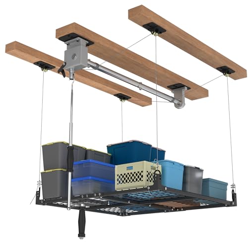 4x4FT Ceiling Storage Racks Lift,Overhead Garage Storage Rack,Adjustable Organization System,Workshops 4x4FT Ceiling Storage Racks Lift,Overhead Garage Storage Rack,Adjustable Organization System,Workshops or Basements(Black)