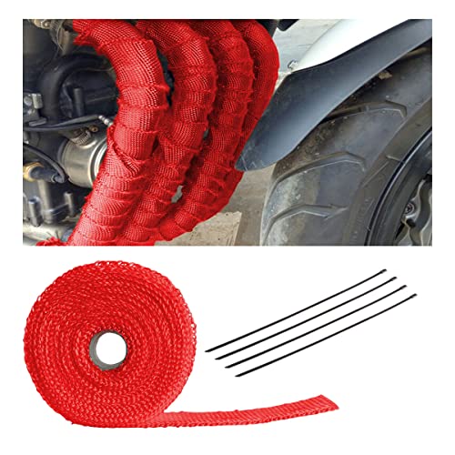Auto Exhaust Wrap for Motorcycle, 16FT Titanium Fiberglass Hose Heat Auto Exhaust Wrap for Motorcycle, 16FT Titanium Fiberglass Hose Heat Shield Roll Sleeve with 4PCS Stainless Ties, Universal for Car Wire Loom Brake Line Cable Protection (Red)