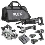 FLEX 24V Brushless Cordless 4-Tool Combo Kit: Circular Saw, Reciprocating Saw, Fixed Speed Angle Grinder, Drill Driver with 2.5 Ah, 5.0Ah Lithium Batteries and 160W Charger - FXM402-2B