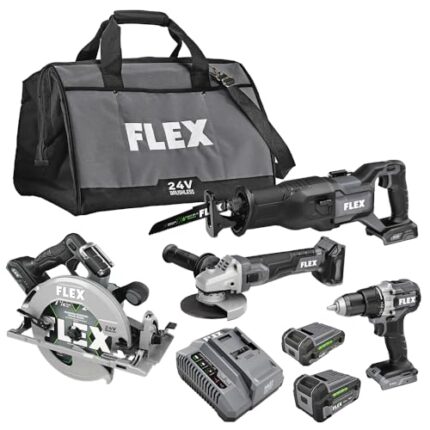 FLEX 24V Brushless Cordless 4-Tool Combo Kit: Circular Saw, Reciprocating Saw, Fixed Speed Angle Grinder, Drill Driver with 2.5 Ah, 5.0Ah Lithium Batteries and 160W Charger - FXM402-2B