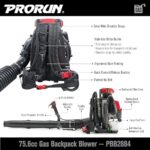 PRORUN 75.6cc Gas Backpack Leaf Blower 1020CFM 240MPH Commercial - Image 2