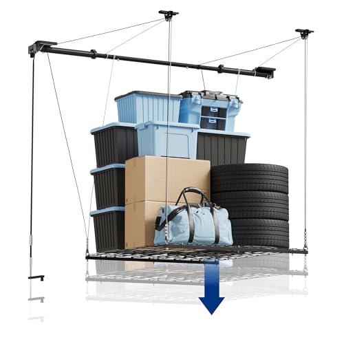 FLEXIMOUNTS Garage Ceiling Lifting Storage Rack, 4x4 Ft Heavy-Duty Metal FLEXIMOUNTS Garage Ceiling Lifting Storage Rack, 4x4 Ft Heavy-Duty Metal Frame, Overhead Storage System With 300lbs Load Capacity, Matt Black