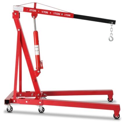 TUFFIOM 2 Ton Folding Hydraulic Engine Crane with Telescopic Boom and Outriggers and Hook, 4400 lbs Engine Hoist Workshop Crane Lifting Cherry Picker, Heavy Duty Steel Electric Hoist, Red