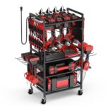 JUNNUJ Garage Large Power Tool Organizer Cart with 20A Charing Station, Heavy Duty Drill and Tools Battery Holder Storage Rack, Floor Standing Rolling Tool Cart on Wheels, Red