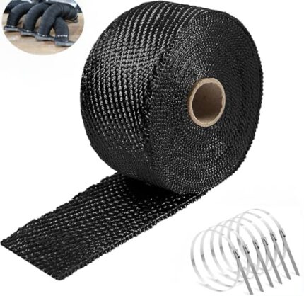 Fiberglass Exhaust Heat Wrap Roll - 2" x 16.5ft with 6 Stainless Locking Ties (Black) for Car & Motorcycle Exhaust Pipes & Intake Manifold