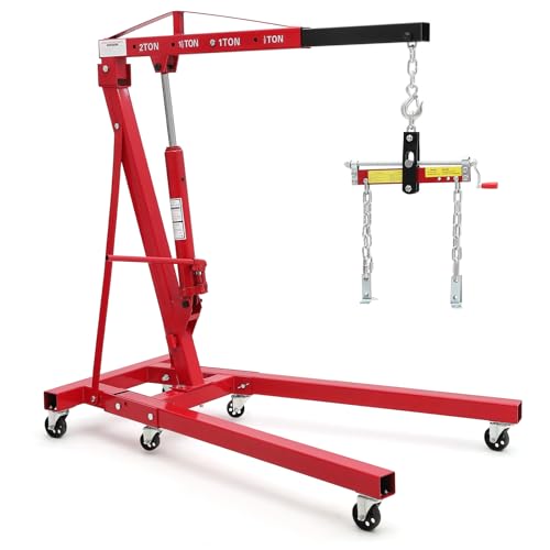 2 Ton Folding Hydraulic Engine Hoist with Load Leveler 4400 2 Ton Folding Hydraulic Engine Hoist with Load Leveler 4400 LBS Capacity Heavy Duty Cherry Picker 6 Swivel Wheels&Hydraulic Pump Adjustable Boom (0.5T-2T) for Garage Workshop Warehouse Red