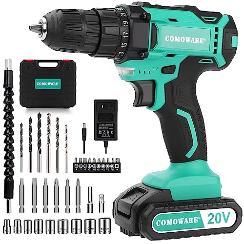 COMOWARE 20V Cordless Drill, Electric Power Drill Set with 1 COMOWARE 20V Cordless Drill, Electric Power Drill Set with 1 Battery & Charger, 3/8” Keyless Chuck, 2 Variable Speed, 266 In-lb Torque, 25+1 Position and 34pcs Drill/Driver Bits