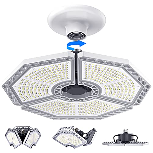 KERNOWO LED Garage Lights, 140W 18500 Lumens Garage Lighting, 6000K KERNOWO LED Garage Lights, 140W 18500 Lumens Garage Lighting, 6000K Daylight with Deformable Three Panel Ceiling Light Fixture E26/E27 Triple Glow LED Shop Light for Basement Workshop Warehouse
