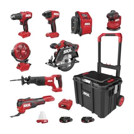 SKIL PWR CORE 20V Brushless 9-Tool Power Tool Combo Kit Including 2 * 2.0Ah Batteries, Charger, and Rolling Tool Box -CB8009B-20