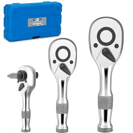 XJX Stubby Ratchet Set, 1/4", 3/8", 1/2" Drive Ratchet Handle 3-Piece 72-Tooth Reversible Socket Wrenches with 1/4 Inch Drive Bit Driver