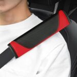 Carbon Fiber Seat Belt Covers Shoulder Pad 2PC Black Red Leather - Image 8