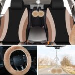 ROCEEI 43Pc Fuzzy Car Seat Cover Set Women Fluffy Steering Wheel Beige Black - Image 6