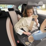 ROCEEI 43Pc Fuzzy Car Seat Cover Set Women Fluffy Steering Wheel Beige Black - Image 7