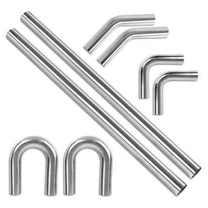 Richeer 2.5 inch O.D. T304 Stainless Steel DIY Custom Exhaust Tubing Mandrel Bend Exhaust Pipe Straight & U-bend Kit (45/90/180 Degree Set of 8) Polished Surface, Universal Fit