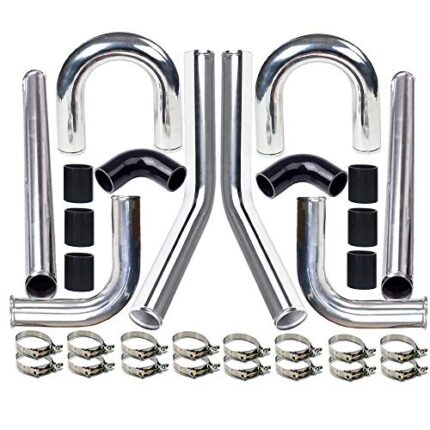 MooSun 2" 8-Pcs Universal Intercooler Pipe Piping Turbo Polished Aluminum Kit with Silicone Hoses and Stainless Steel T-Clamps
